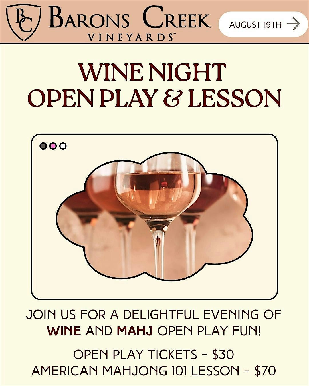 Wine & Mahj at Barons Creek Vineyard Tasting Room - Open Play