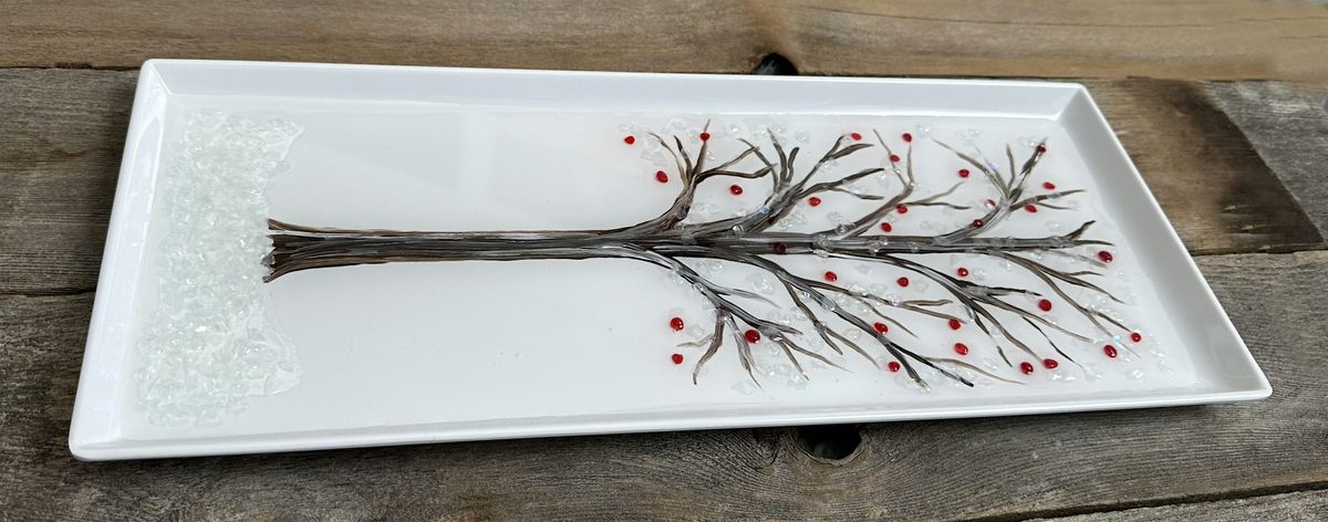 Winter Tree with Snow & Berries Charcuterie Board with resin  Art Sip Class