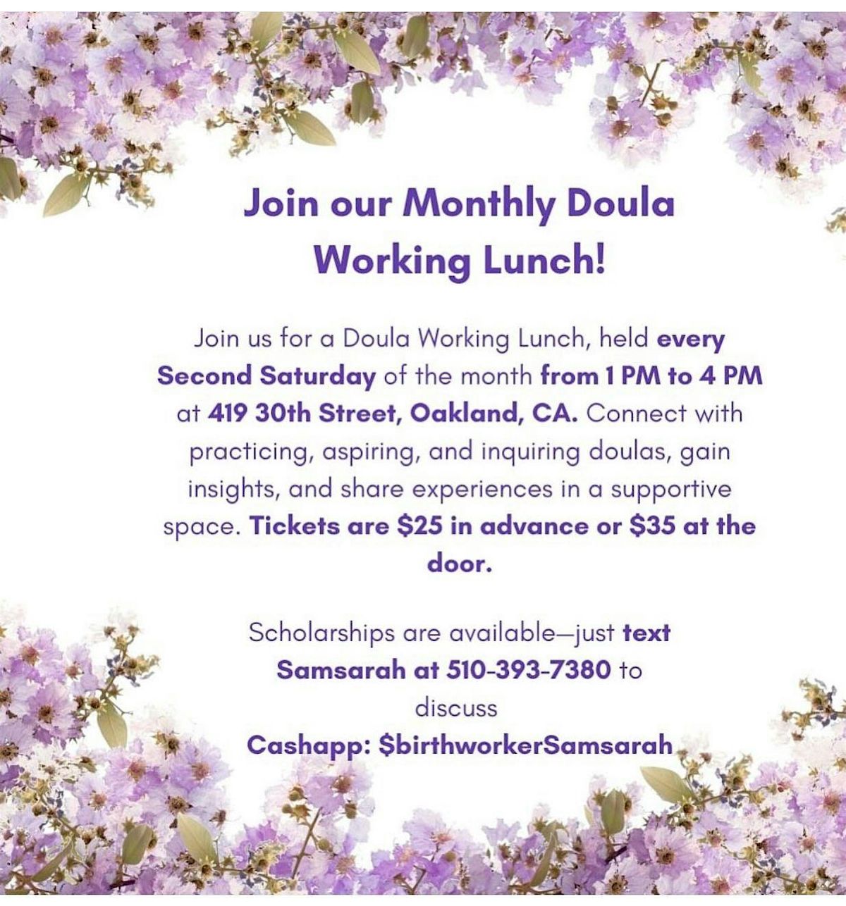 Monthly Doula Working Lunch & Afternoon Tea