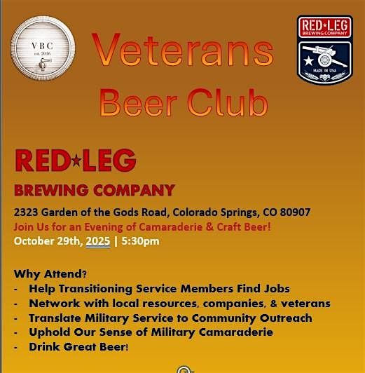 October Veterans Beer Club Event - Red Leg Brewing - Oct 29th, 2025