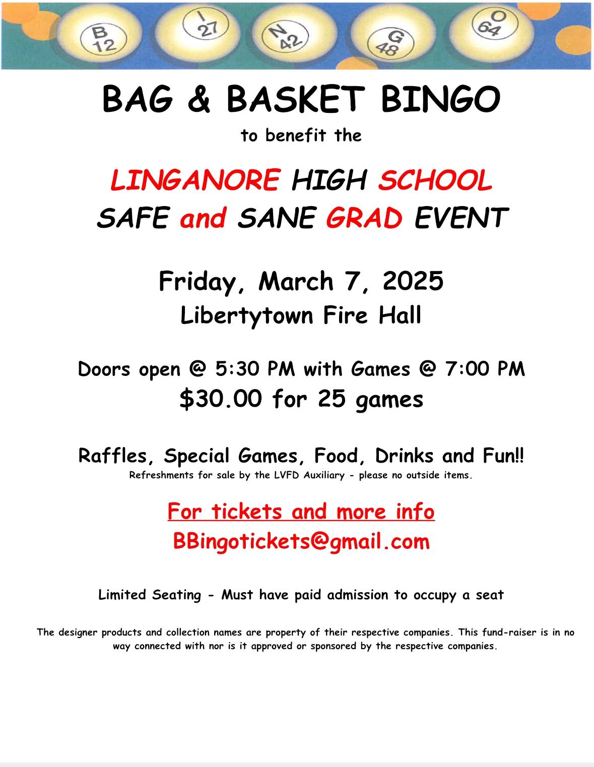 LHS Safe & Sane Bag & Basket Bingo