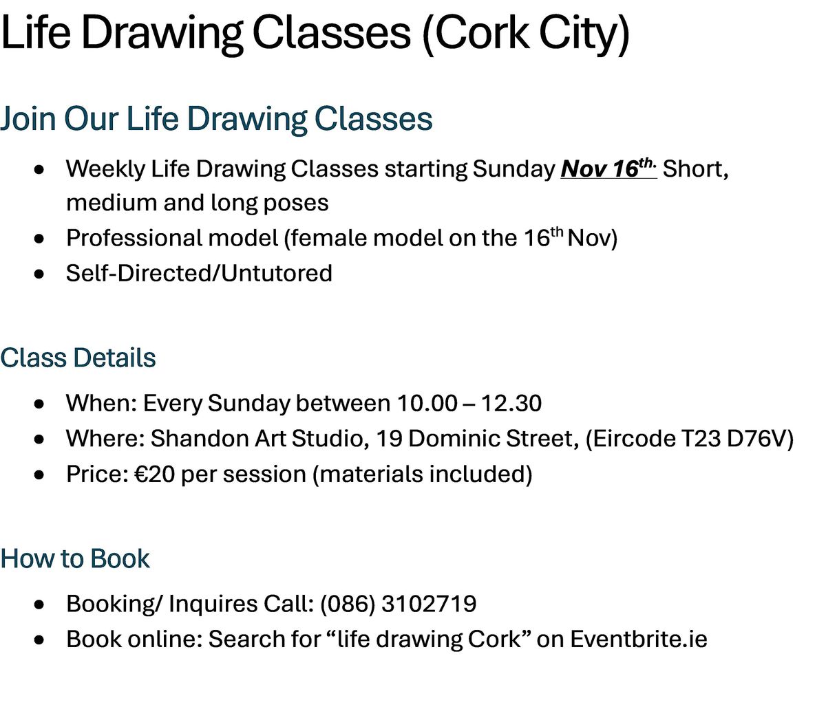 Life Drawing Classes (Cork City)