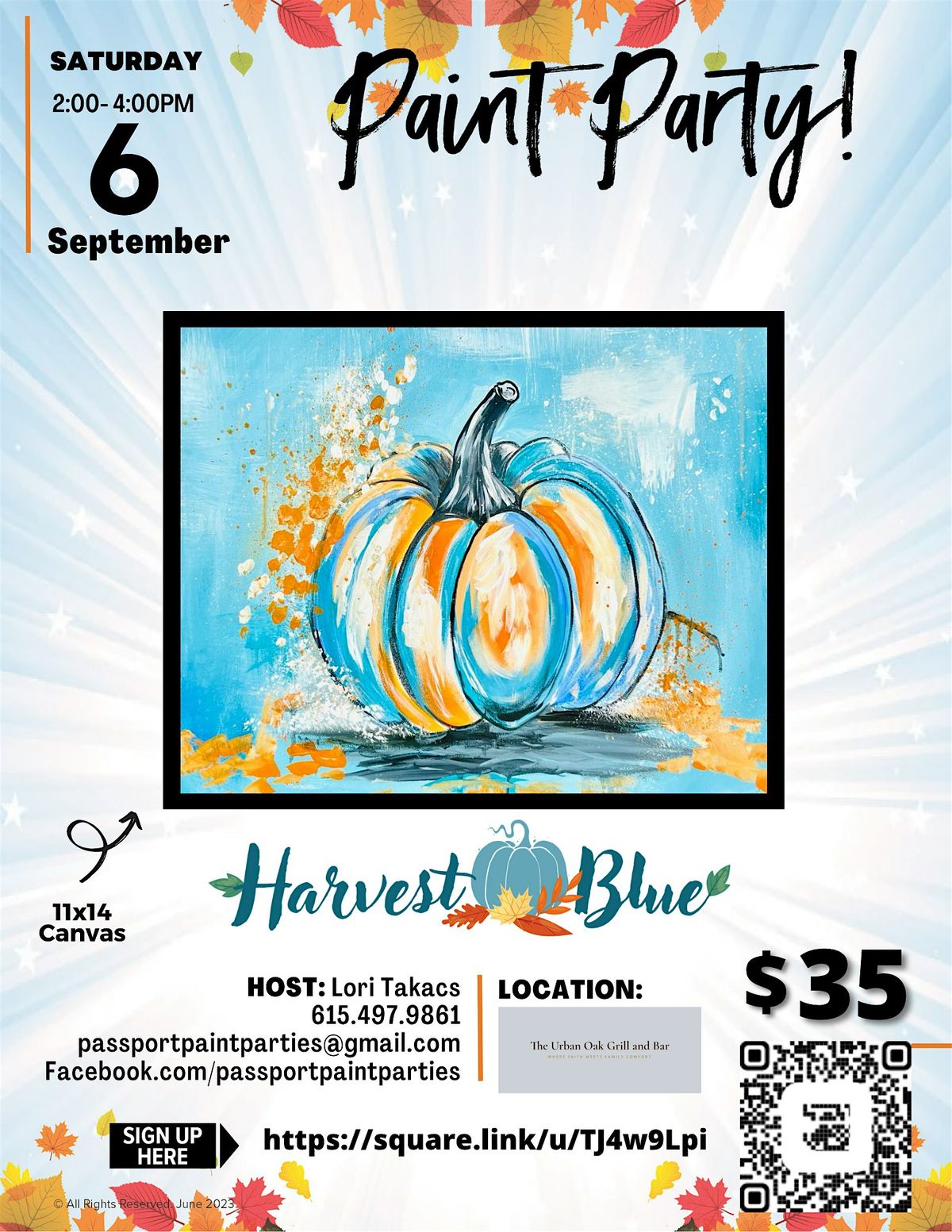 9.6.25 Harvest Blue Paint and Sip at The Urban Oak Bar and Grill
