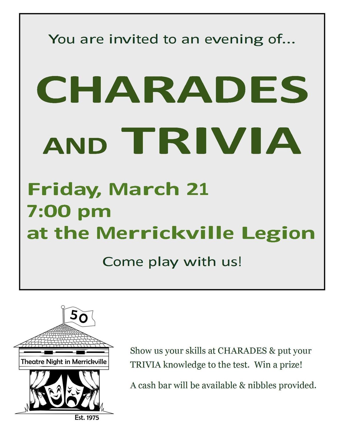 You are Invited to a night of CHARADES and TRIVIA