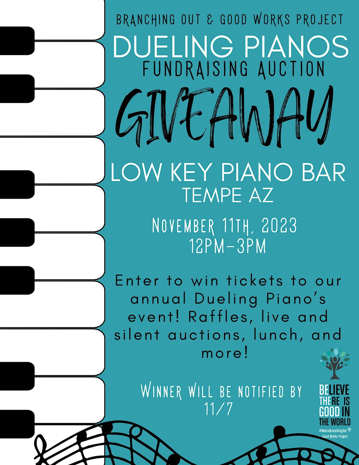 GIVEAWAY! Branching Out & Good Works Project Dueling Piano's Event