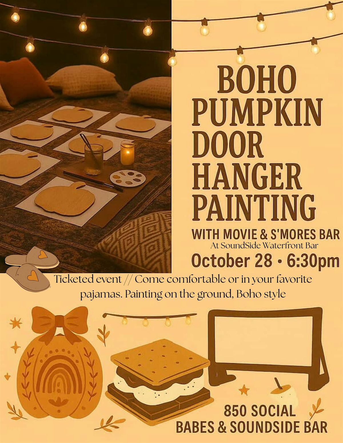 Boho Pumpkin Door Hanger Painting with Movie & Smores Bar