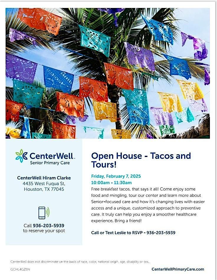 Tacos and Tours MARCH 7 (not February) Open House - FREE for Seniors!