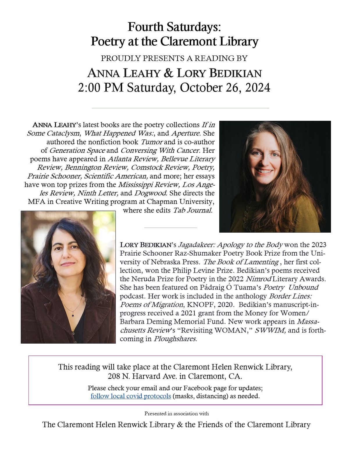 Fourth Saturdays Poetry: Lory Bedikian & Anna Leahy