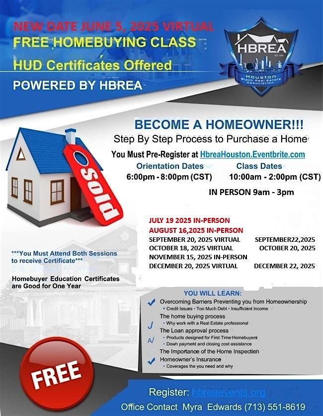 IN PERSON  AUGUST HUD Certificate Home Buying Class