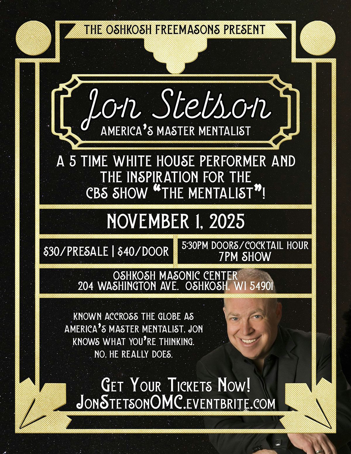 Jon Stetson "America's Master Mentalist" at the Oshkosh Masonic Center