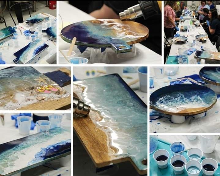 Mothers Day Resin workshops wave or  seascape on a cheeseboard