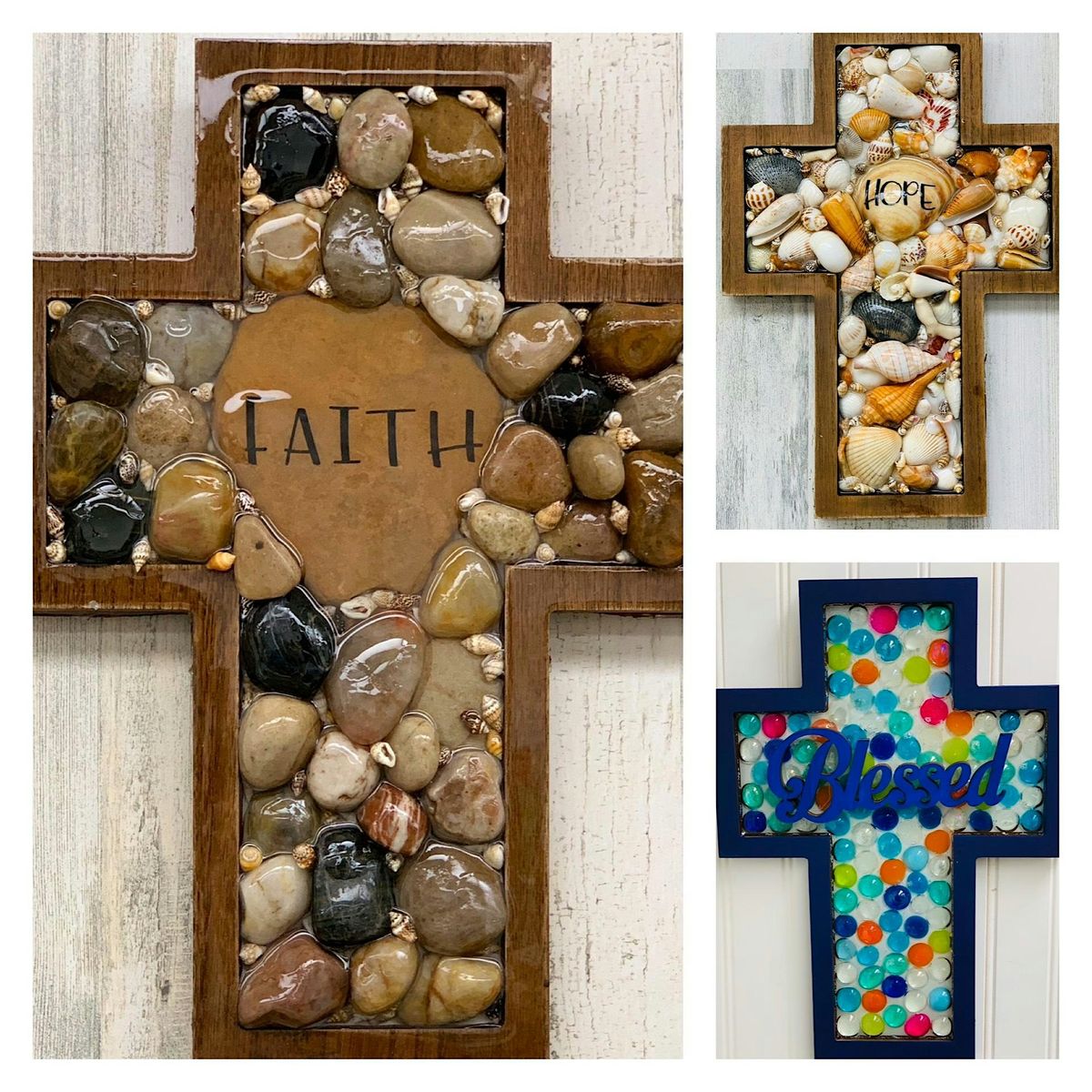 Inspirational Wooden Cross Resin Art with Natural Elements