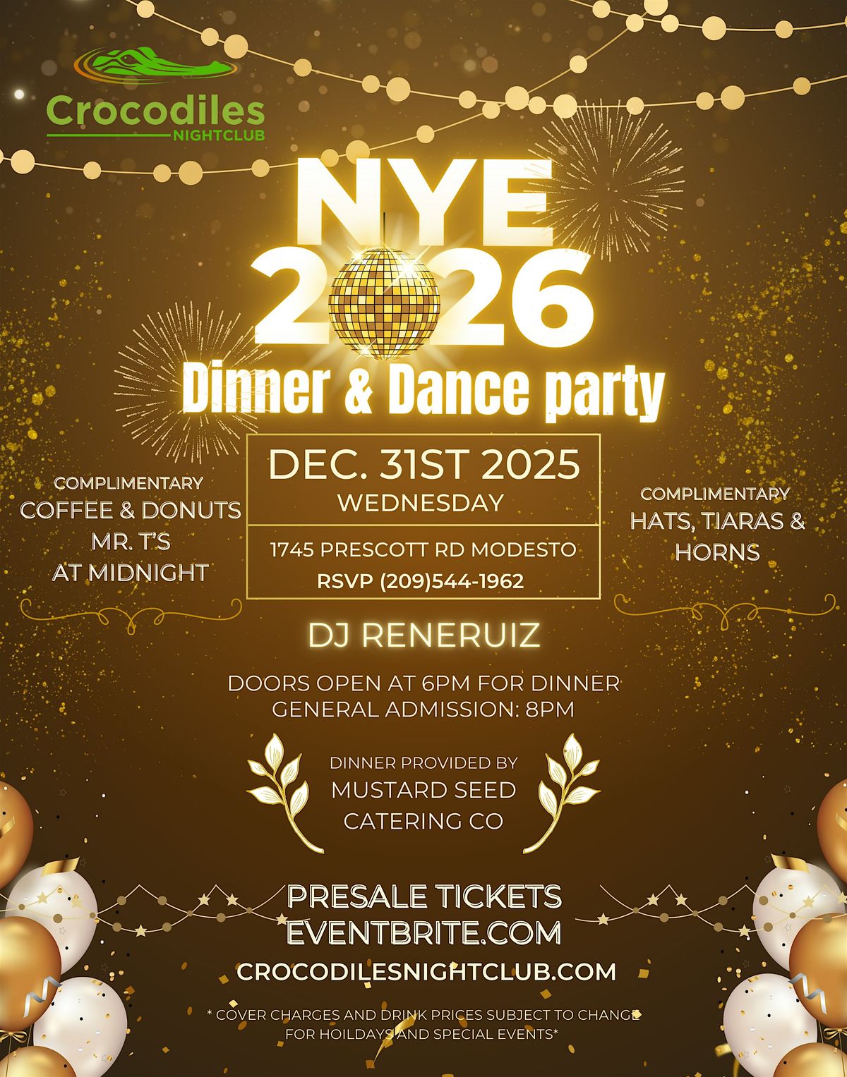 2026 New Year's Eve Dinner and Party at Crocodiles Nightclub