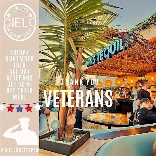 30% off meal for Veterans November 10-11th at Cielo Rooftop