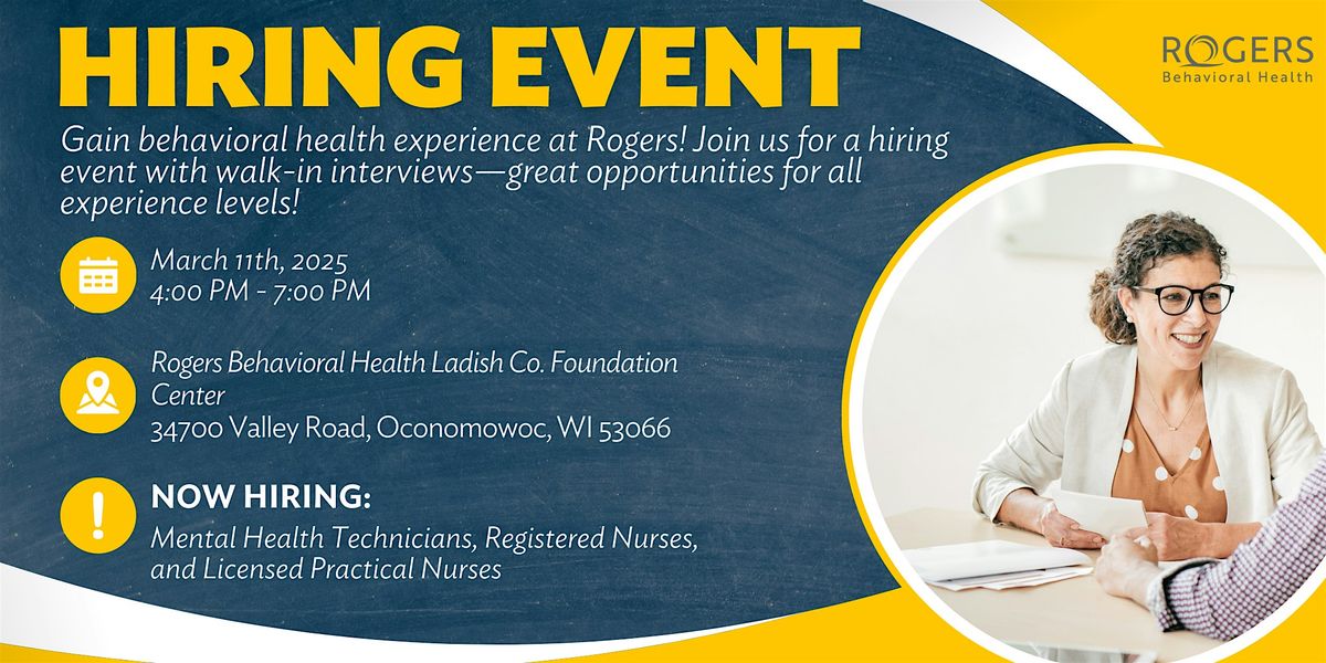 Rogers Behavioral Health Hiring Event: Mental Health Technicians & RNs