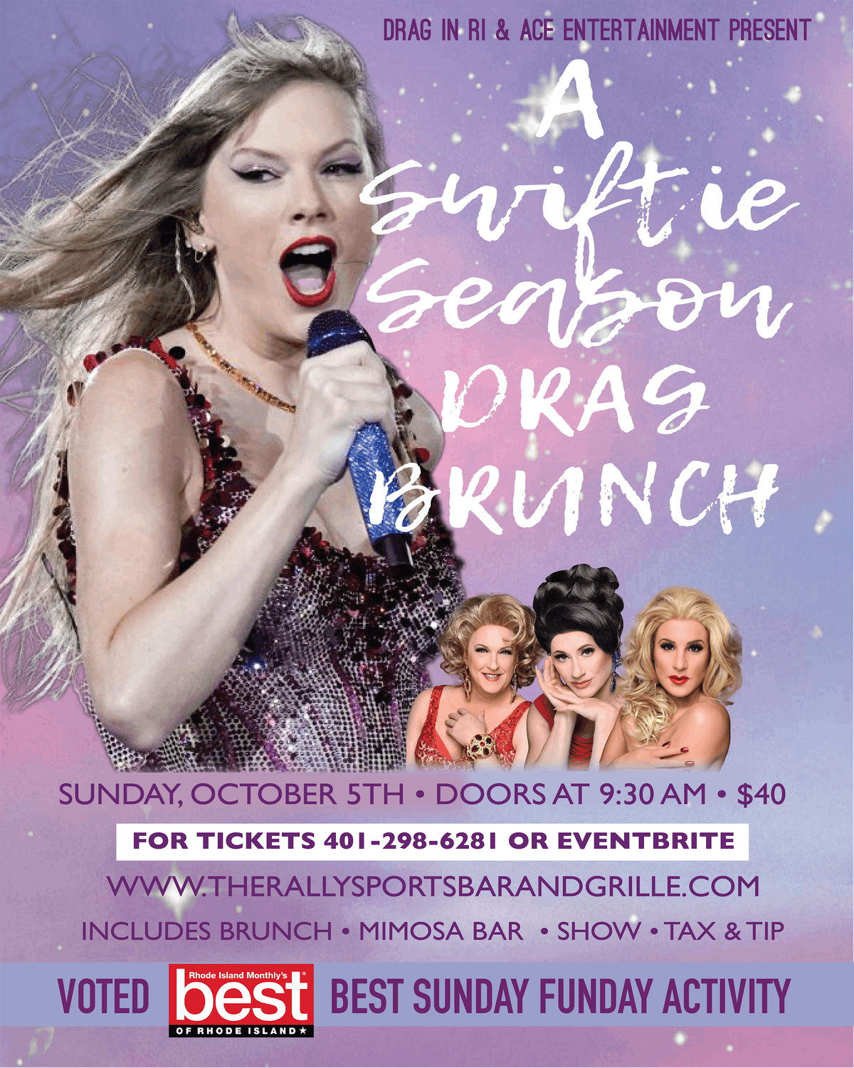 A swiftie season drag brunch, include Bruch and mimosa bar