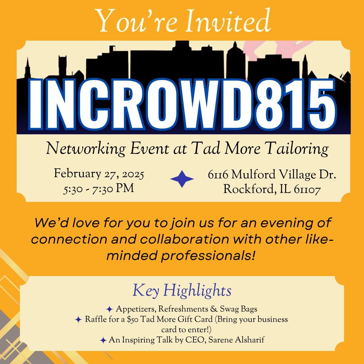 February 2025 INCROWD815 Networking Group event at Tad More Tailoring 