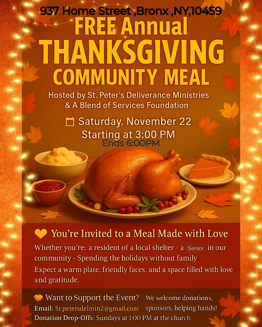 FREE Annual Thanksgiving Community Meal  Hosted by St. Peter\u2019s Deliverance