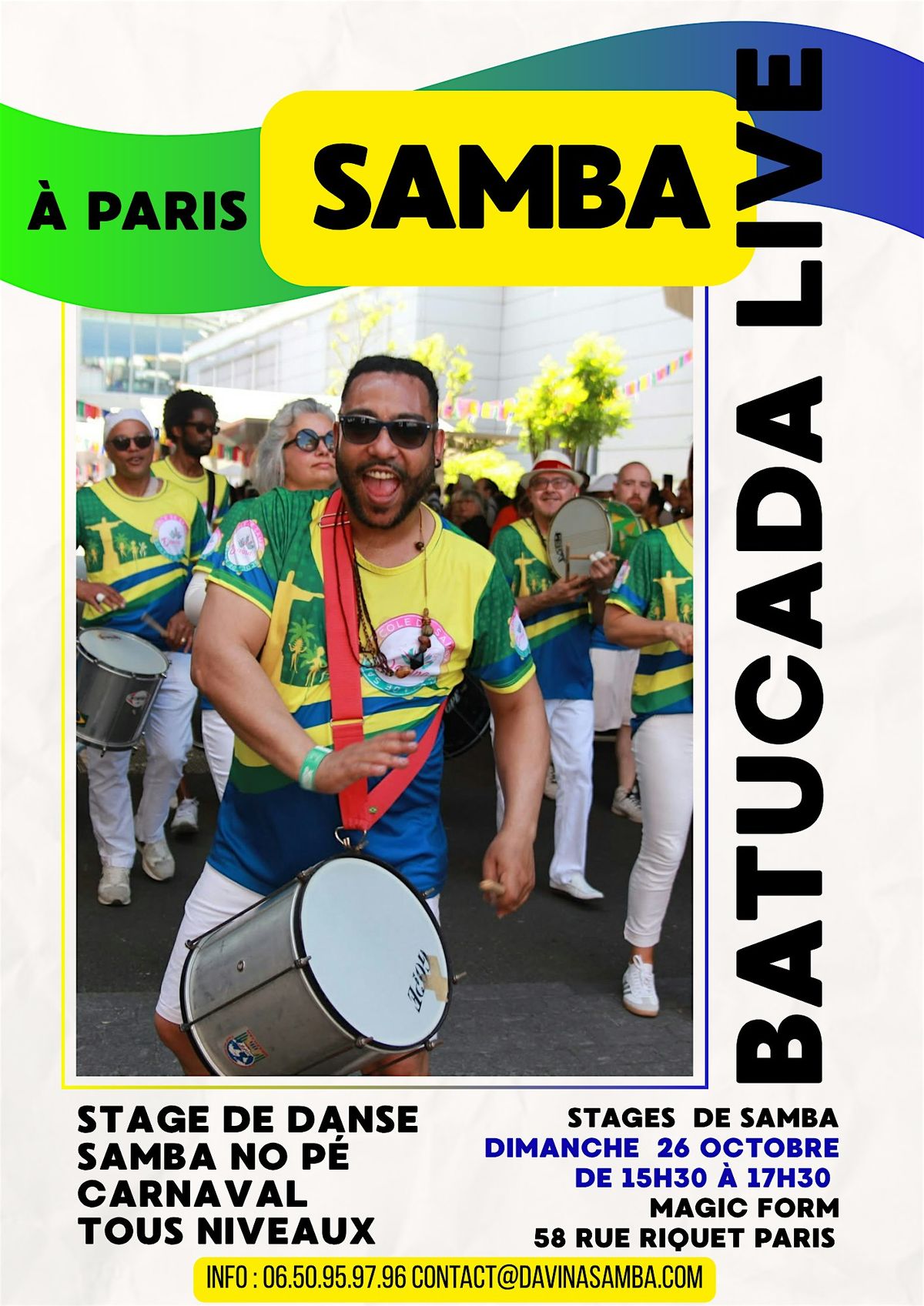 Stage de Samba danse br\u00e9silienne avec Batucada Percussions Live \u00e0 Paris