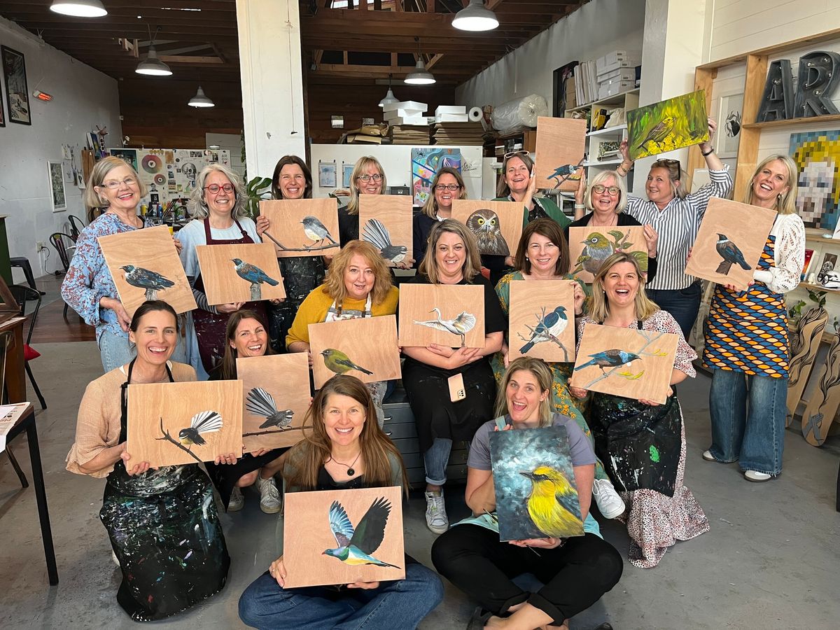 Birds on Plywood beginner painting workshop