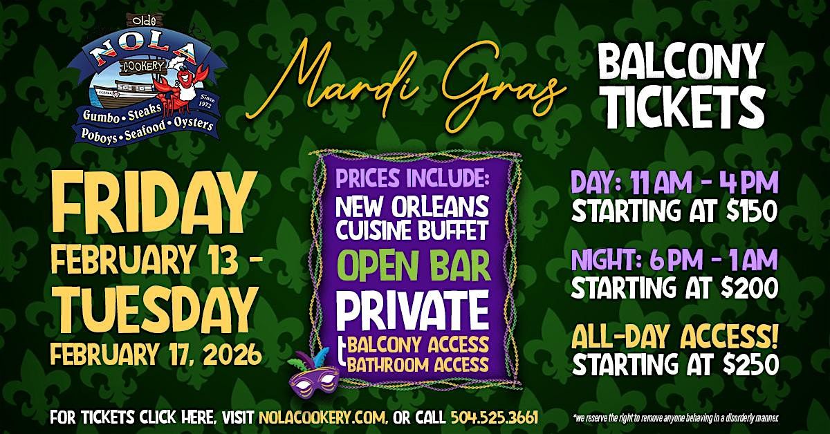 Mardi Gras 2026 Balcony Tickets @ NOLA COOKERY