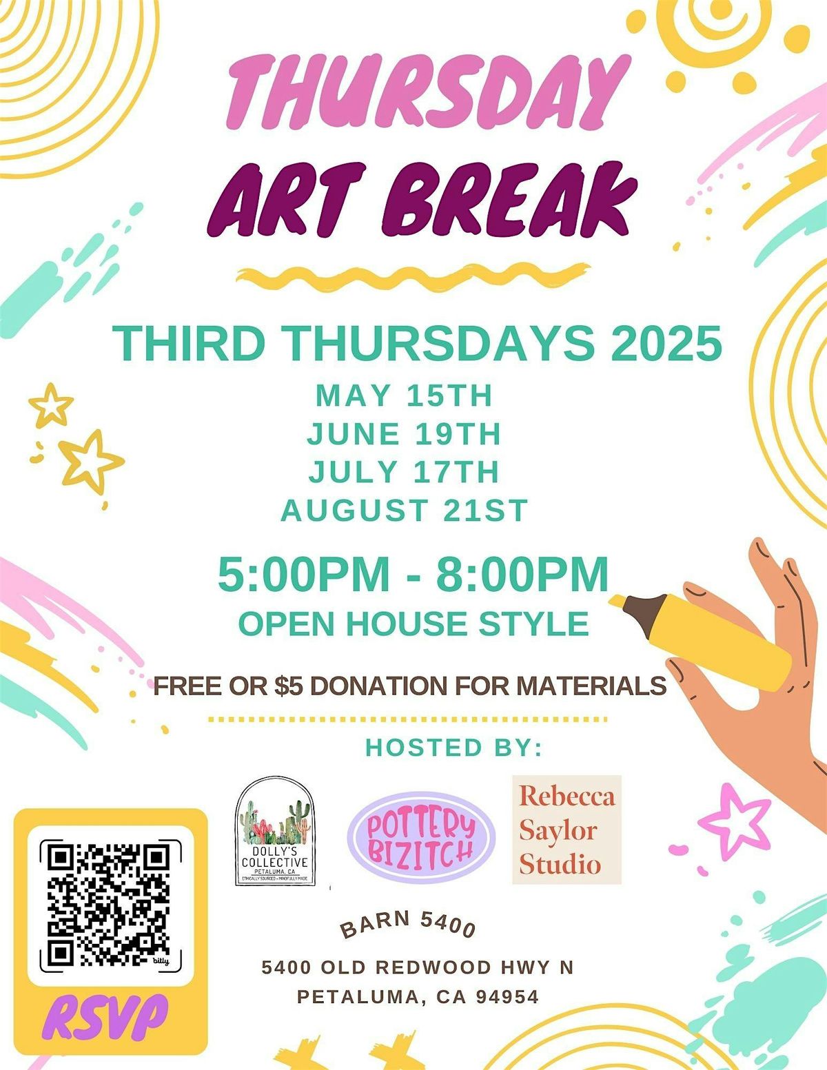 Copy of $5 Art Workshop AUGUST  2025  Thursday Art Break at Barn 5400