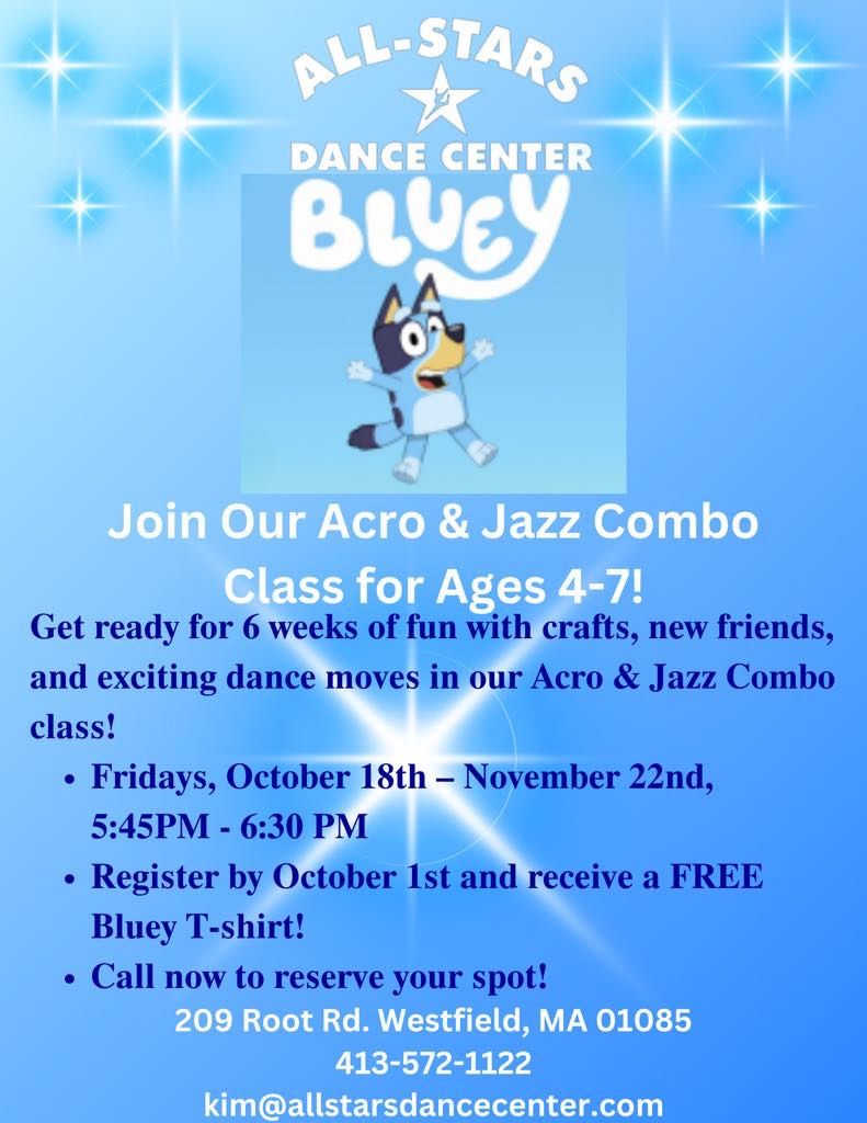 Acro & Jazz Combo Class for ages 4-7 featuring Bluey! \ufffd\ufffd