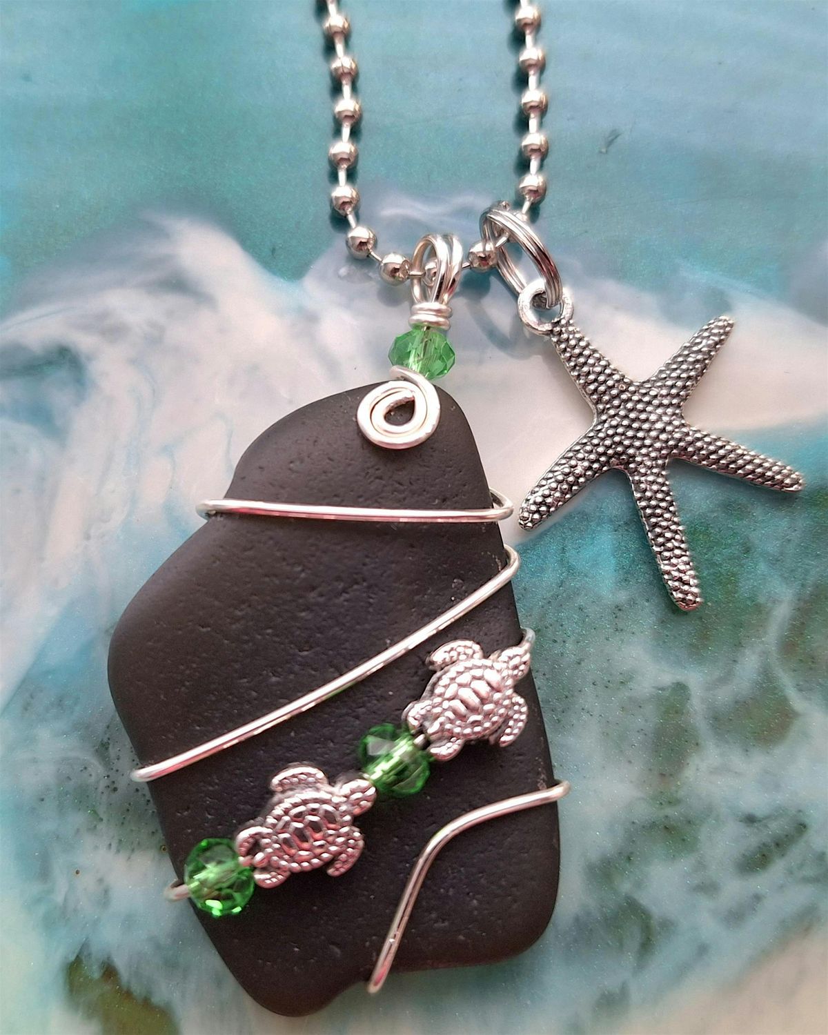 Sea Glass Wire Wrap Necklaces with Sea Turtle Charm