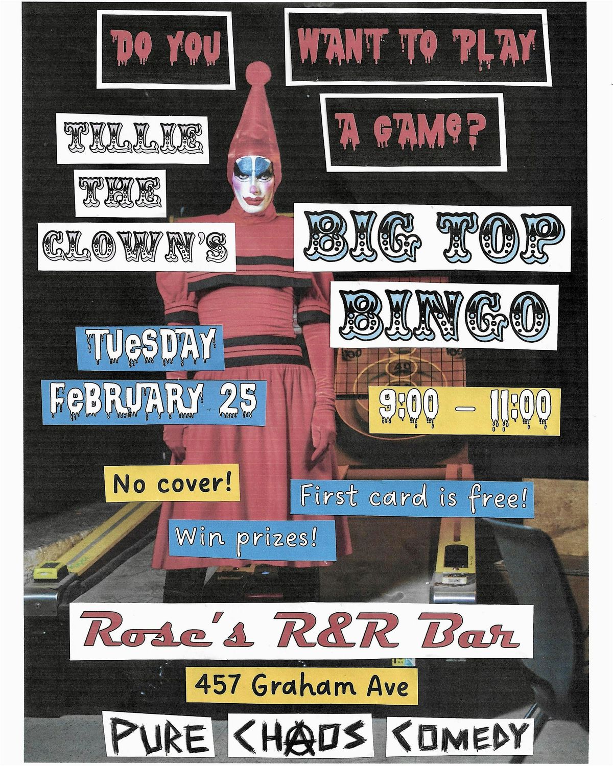 Tillie the Clown's Big Top Bingo at Rose's R&R Bar