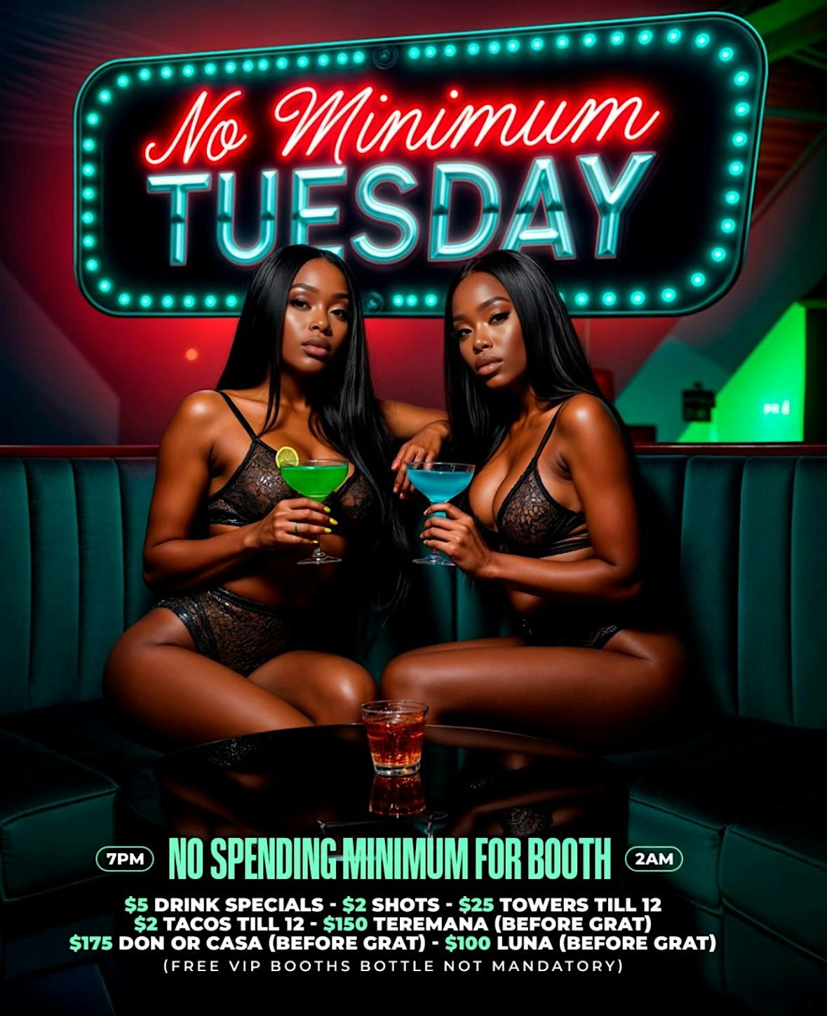 NO MINIMUM TUESDAYS ! $2 tacos $2 drinks $10 hookah free vip booths