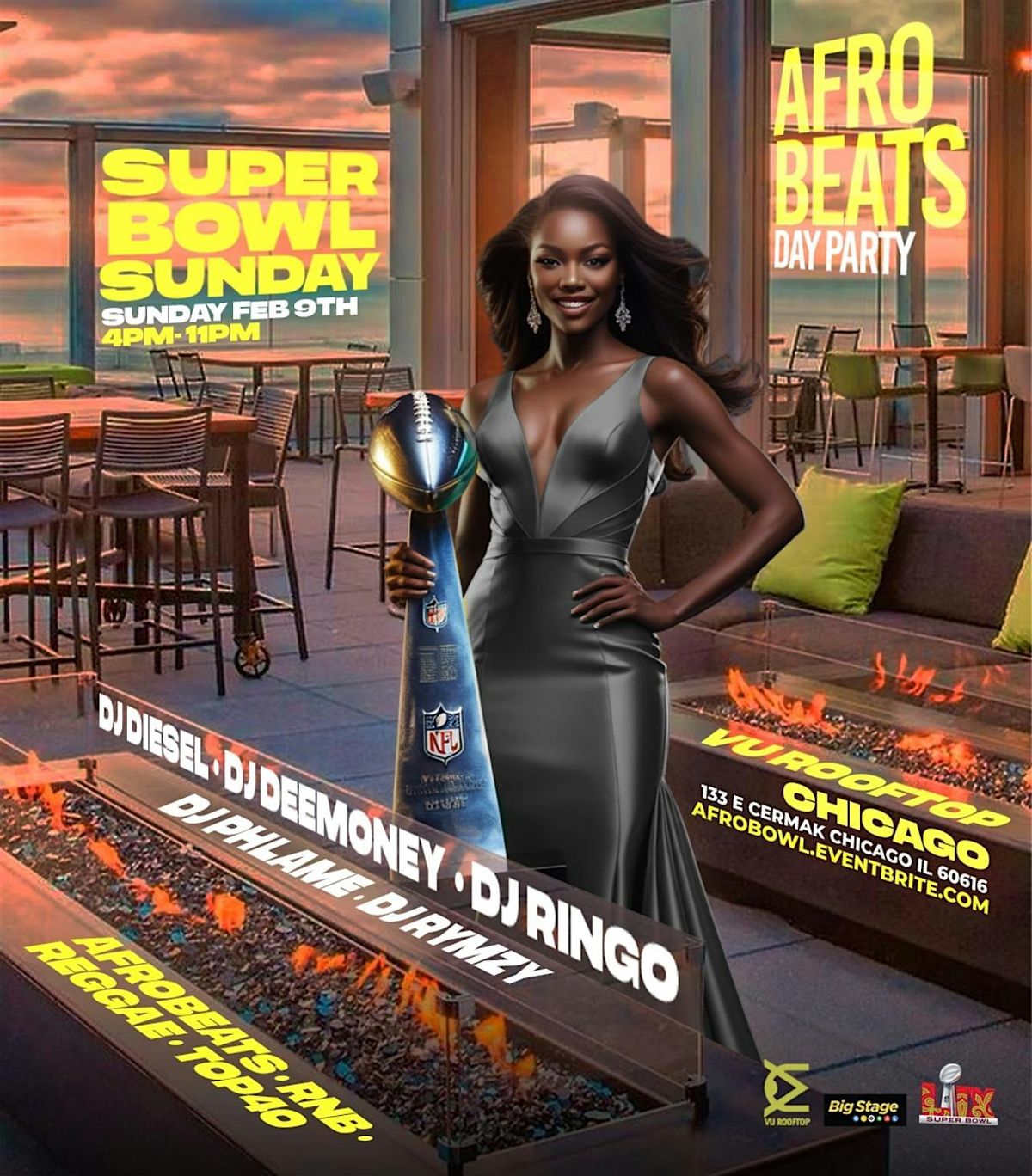 AFROBEATS SUPER BOWL DAY PARTY @ VU ROOFTOP CHICAGO ( Glass covered)