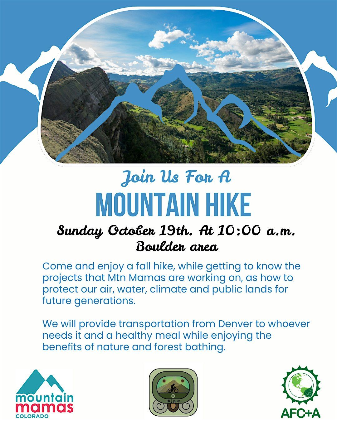 Join us for a moutain hike, unete a una caminata en la monta\u00f1a.