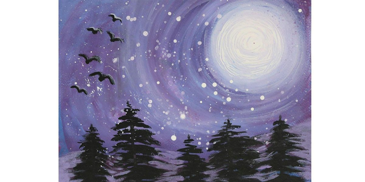 Purple Night Sky with Moonlight and Pines Trees