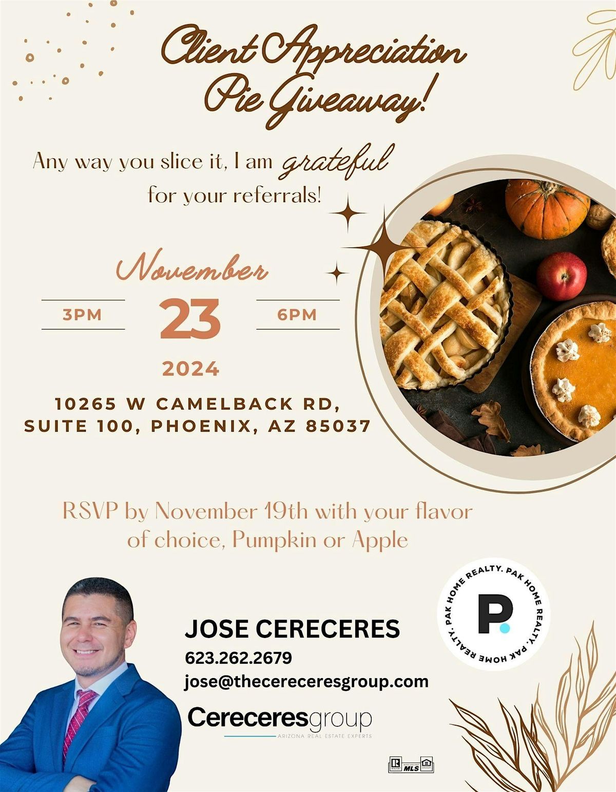 4TH ANNUAL thanksgiving PIE Giveaway to Friends and Clients!!