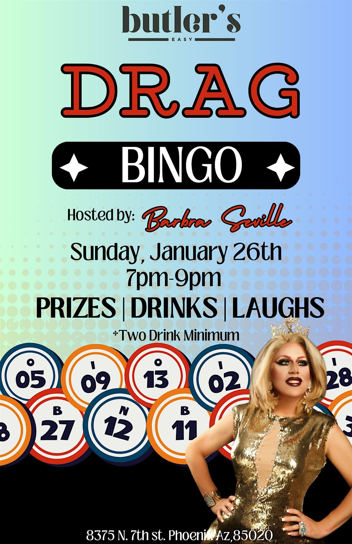 Drag Bingo at Butler's Easy with the hilarious Barbra Seville