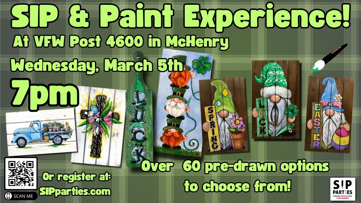 Pre-Drawn SIP & Paint Experience! VFW Post 4600 in McHenry. Wednesday, March 5th  7PM