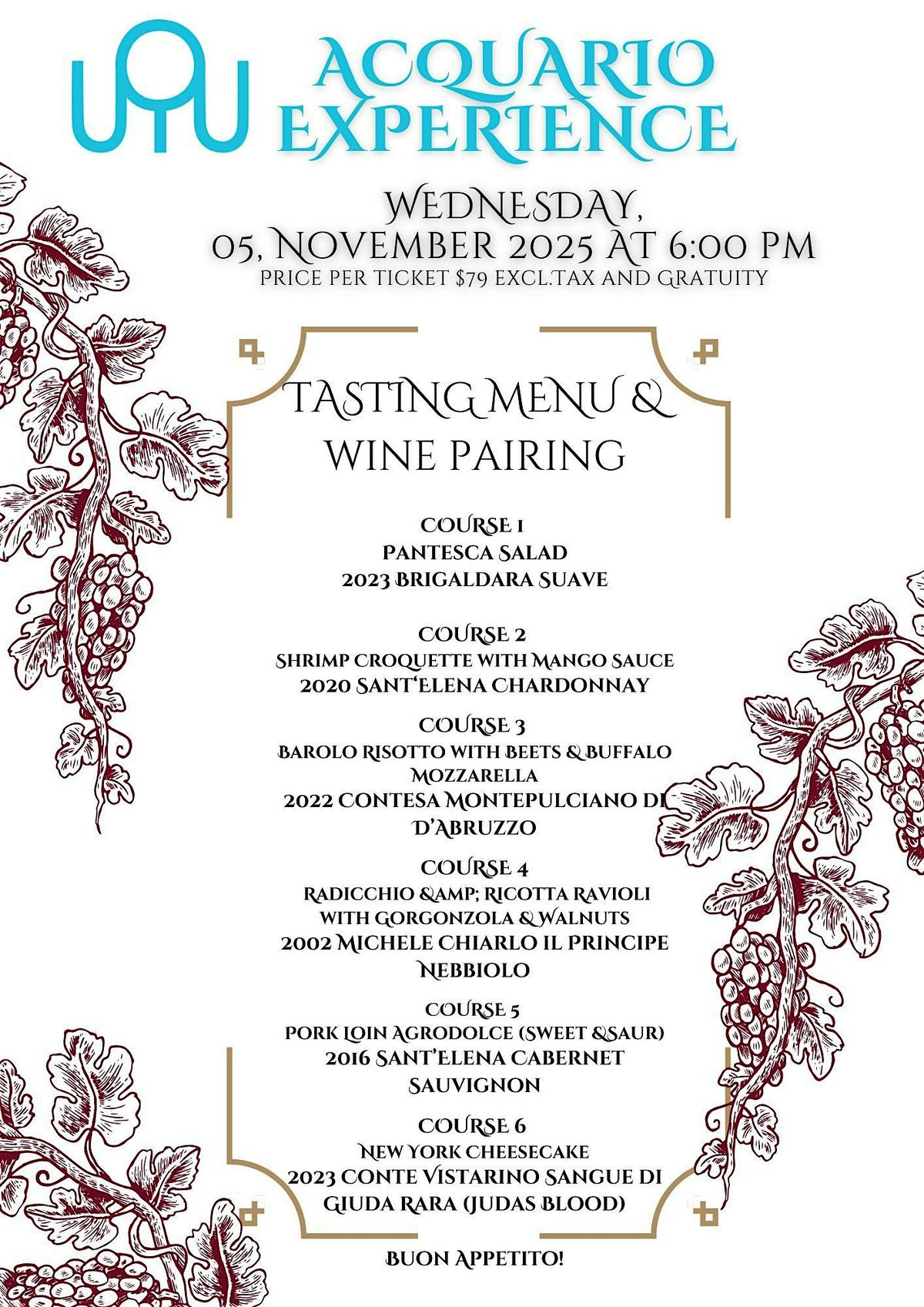 Acquario Menu Tasting with Wine pairing - 6 course dinner