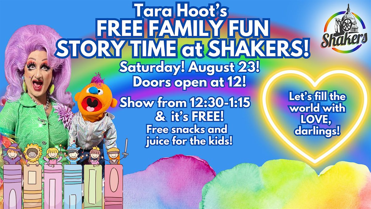 Tara Hoot's Free Family Fun Story Time at Shakers on August 23!