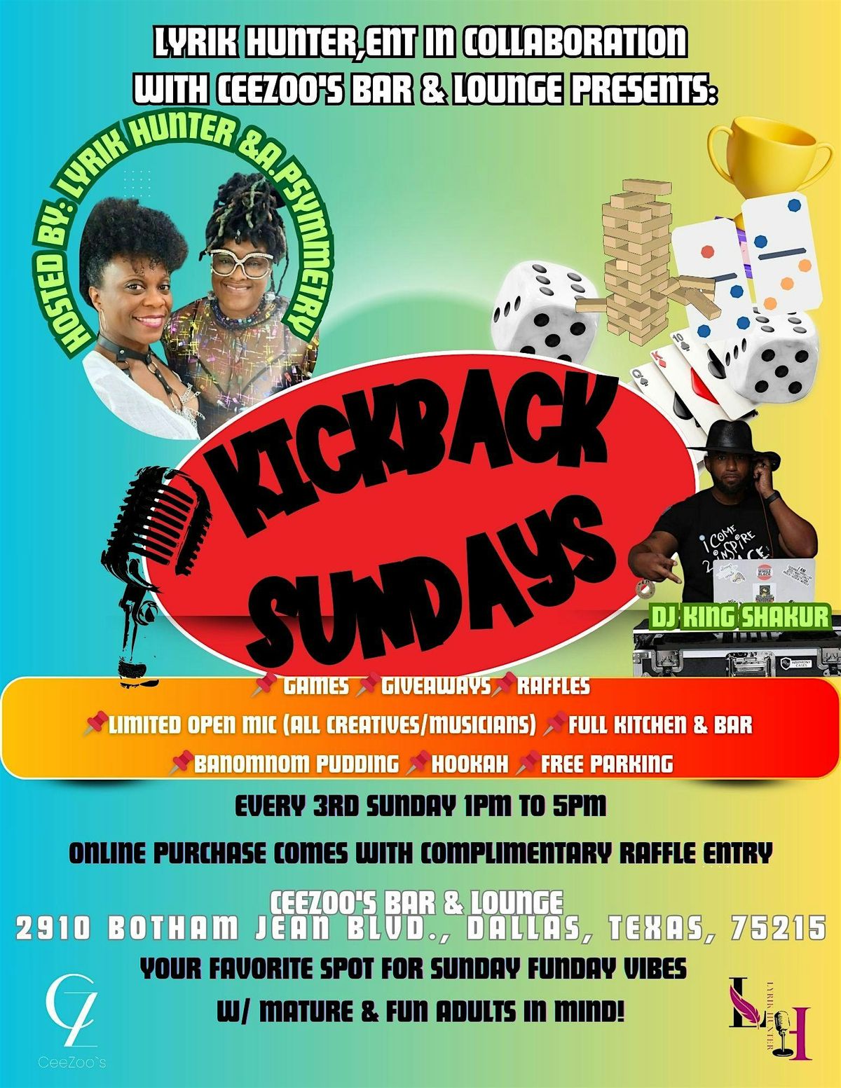 KICKBACK SUNDAYS @ CEEZOO'S  (HOSTED BY LYRIK HUNTER & A.PSYMMETRY)