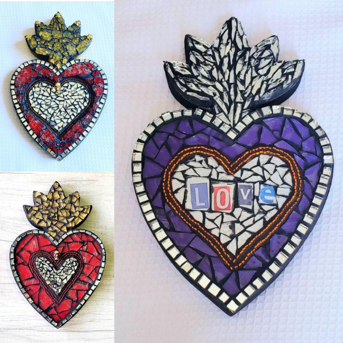 Mosaic and Mixed Media Flaming Hearts