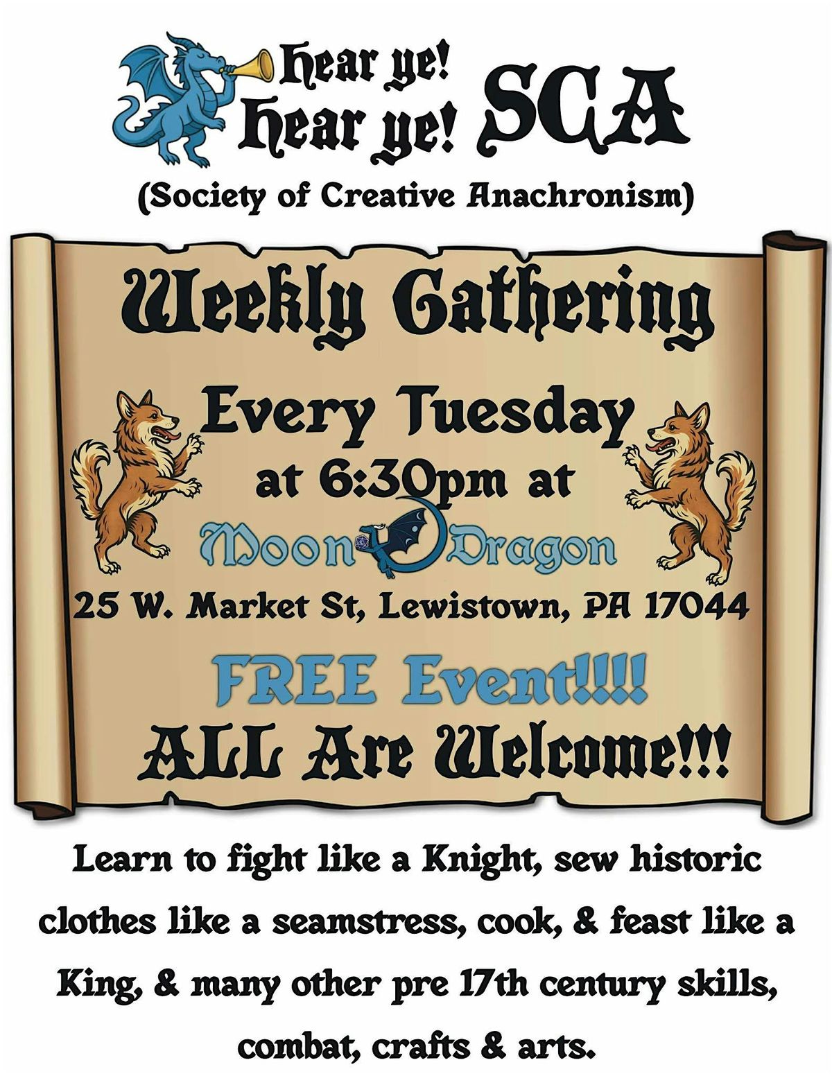 Weekly SCA meetup at Moon Dragon