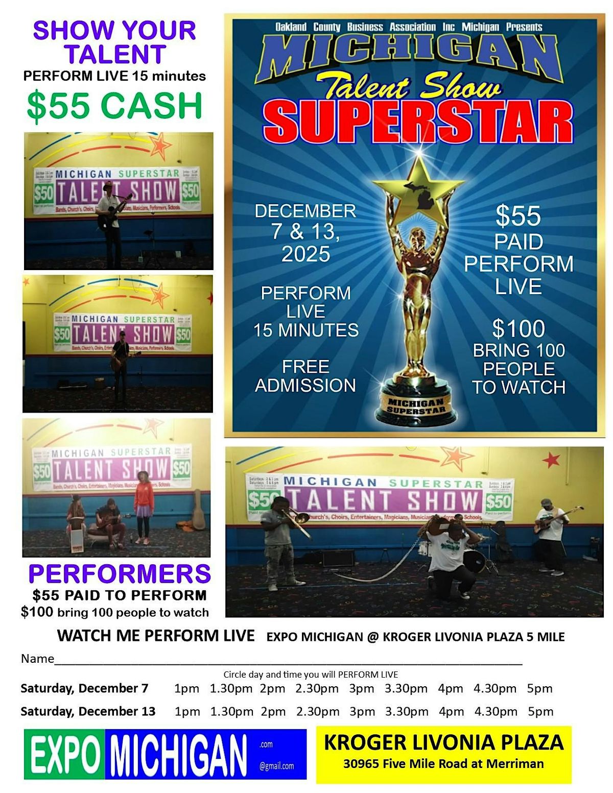 MICHIGAN SUPERSTAR TALENT SHOW, perform live $55\/$100, Kroger Livonia Plaza