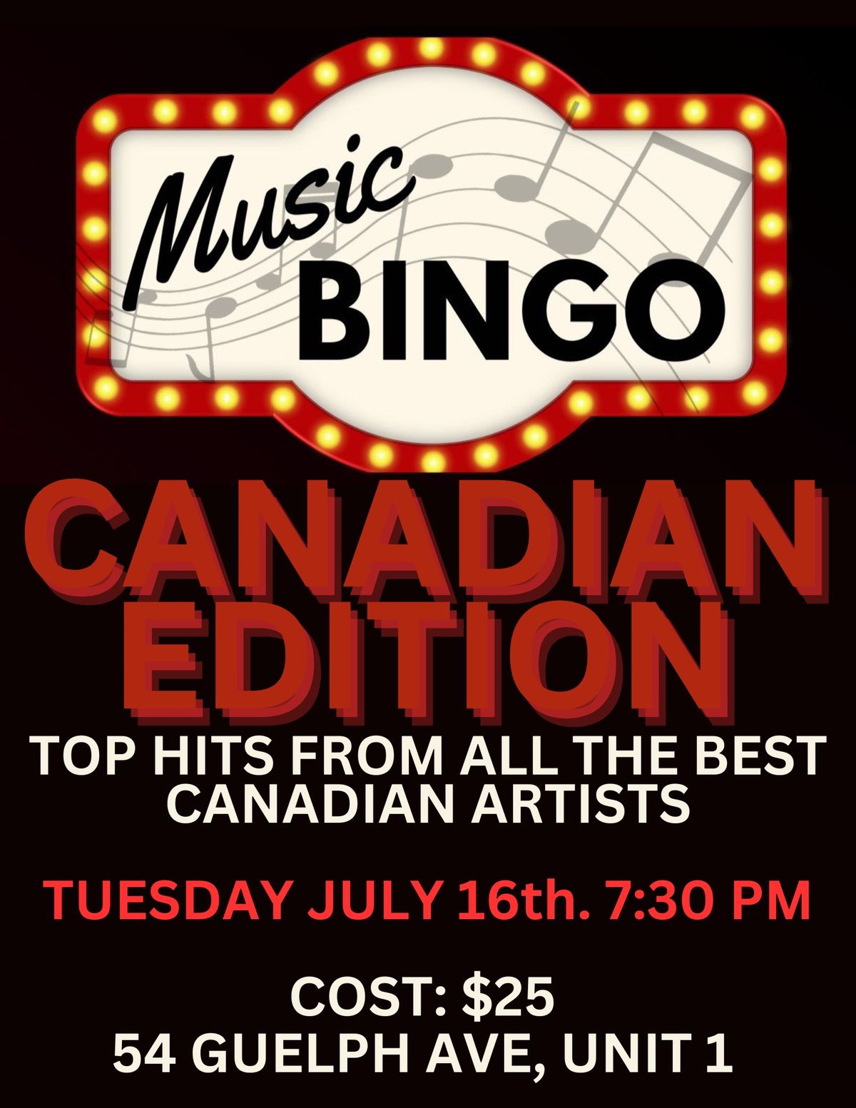 MUSIC BINGO: CANADIAN EDITION - TOP HITS