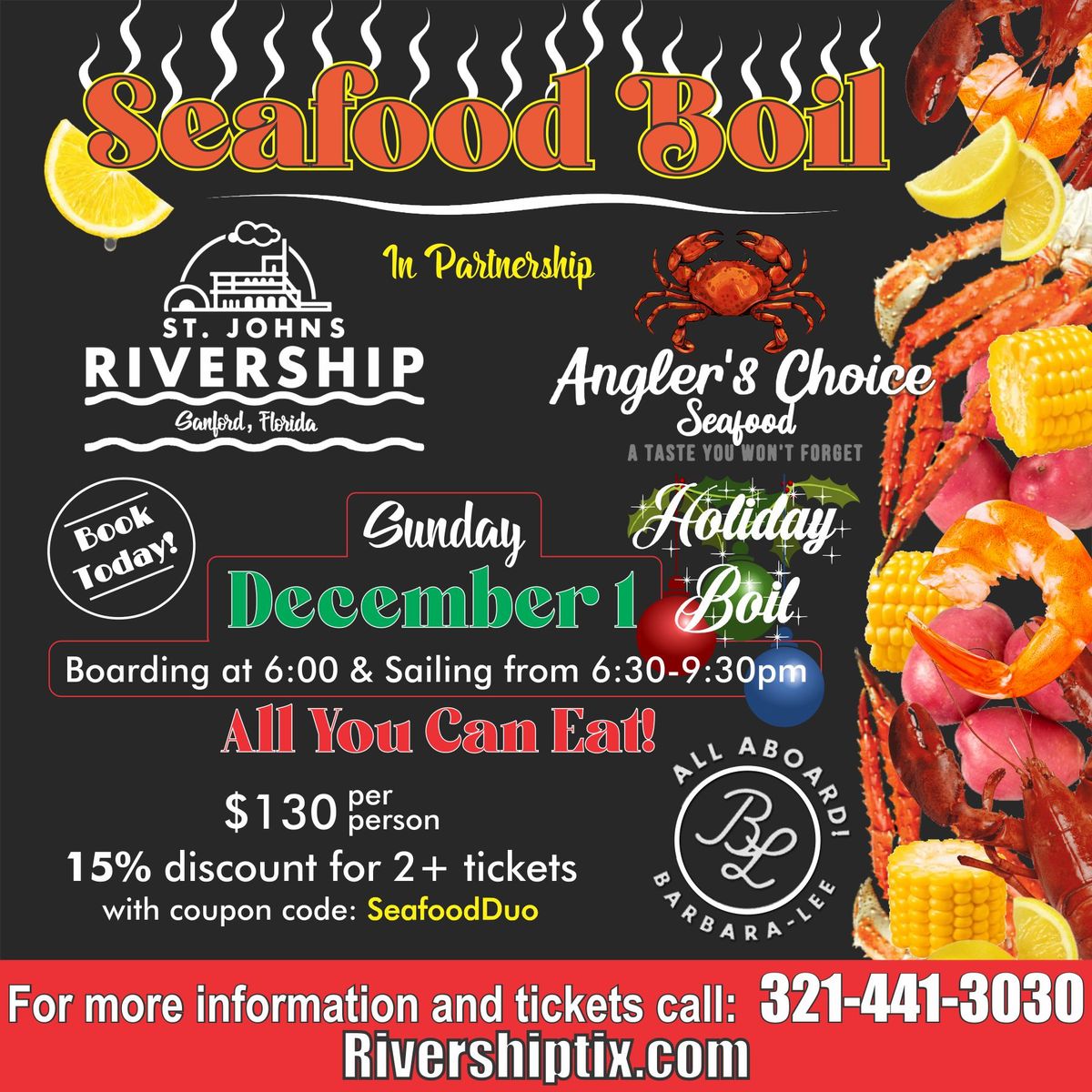 **LIMITED TICKETS AVAILABLE** Holiday Seafood Boil W\/ Angler's Choice Seafood On the Barbara Lee!