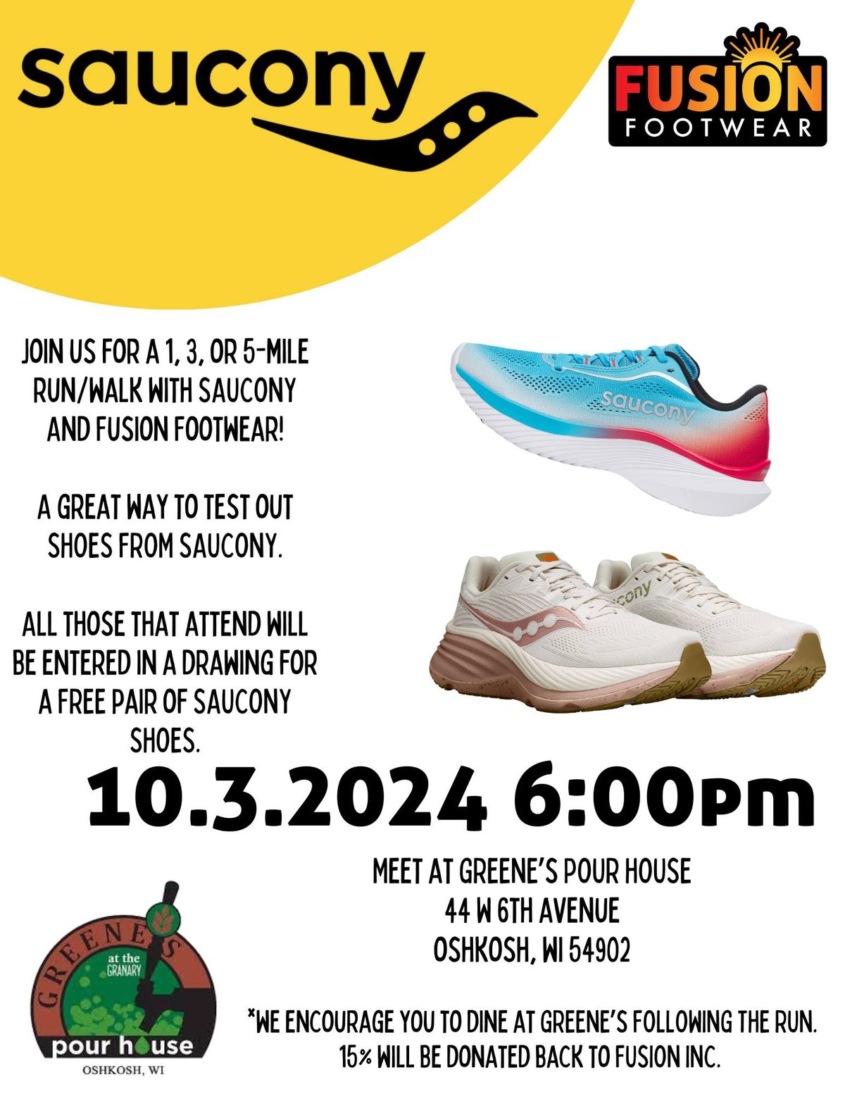 Saucony Demo Run\/Walk & Dine and Donate at Greene's Pour House