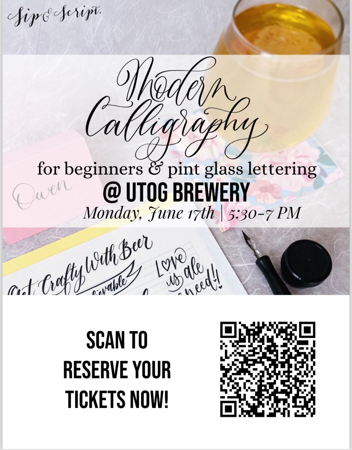 Modern Calligraphy & Pint Glass Lettering for Beginners @ UTOG Brewery