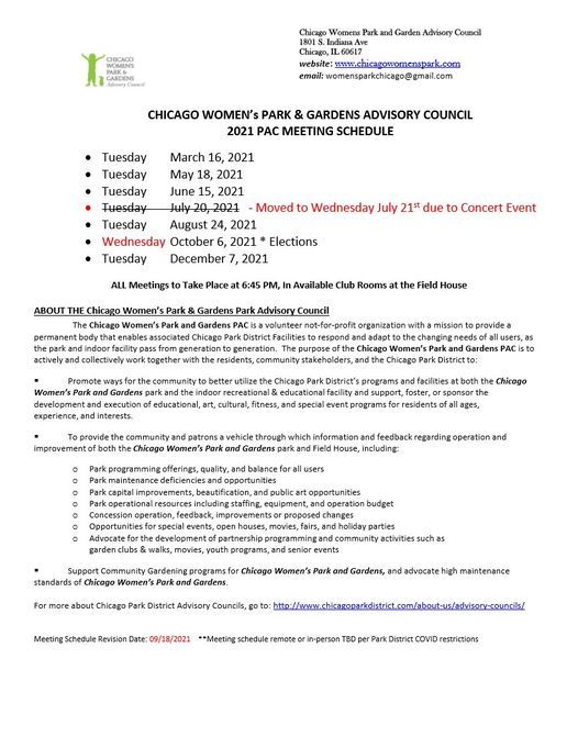 Chicago Women's Park & Gardens Park Advisory Council (PAC) Meeting