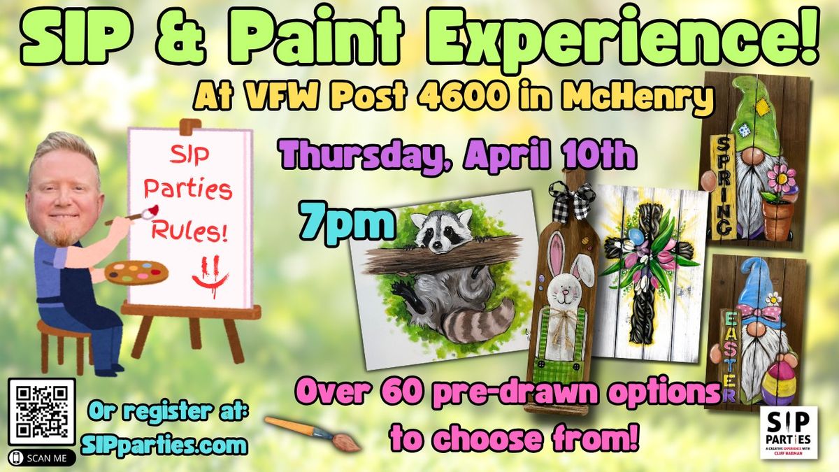 Pre-Drawn SIP & Paint Experience! VFW Post 4600 in McHenry. Thursday, April 10th  7PM