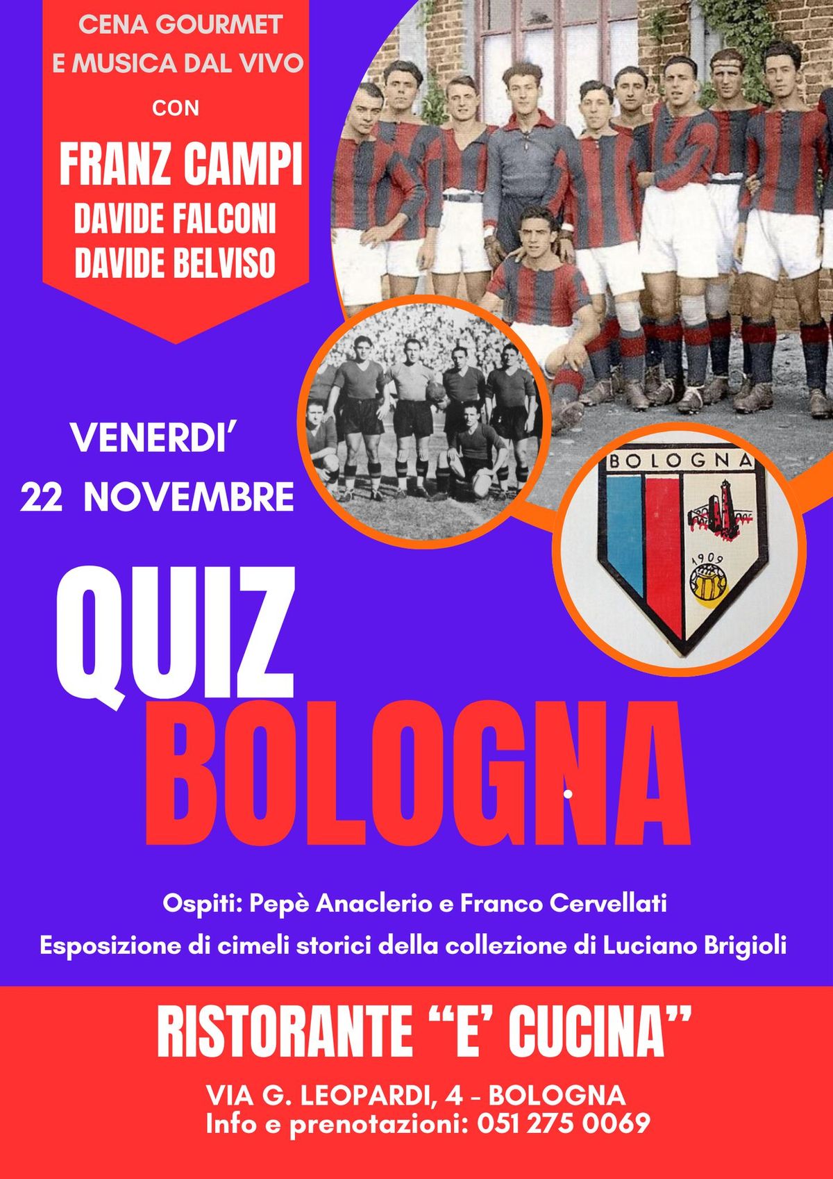 "Non molliamo! Cena al \u201cprofumo di Europa\u201d" - Musica, quiz e racconti sulla Storia del Bologna 1909