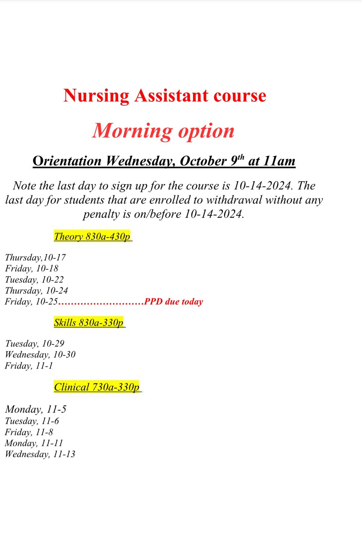 Nursing Assistant course orentation 